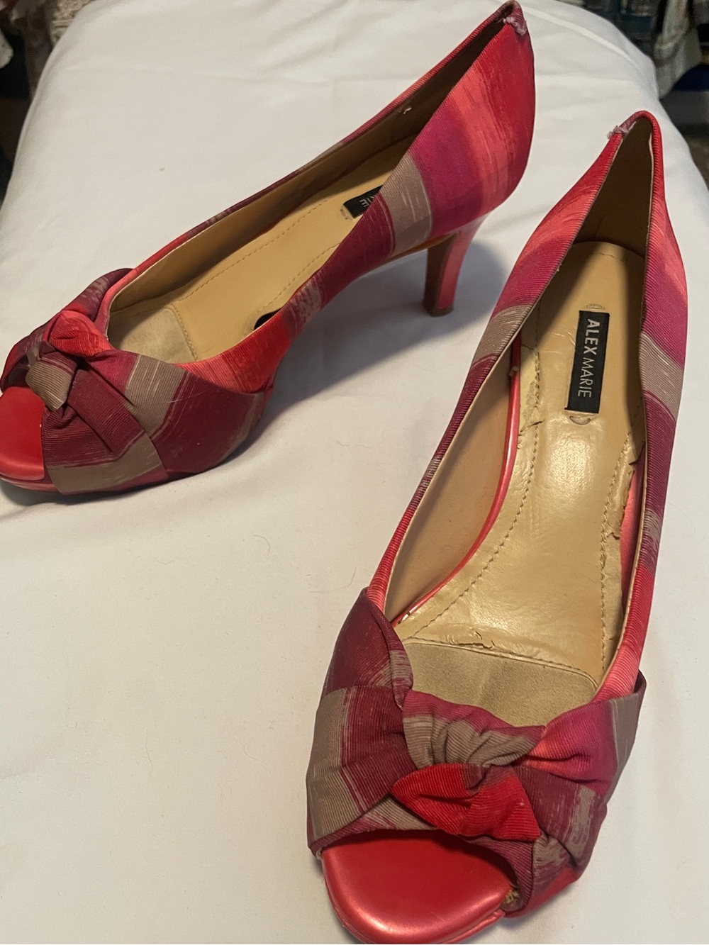 Alex Marie Pink and Red Knot-Front Peep-Toe Heels